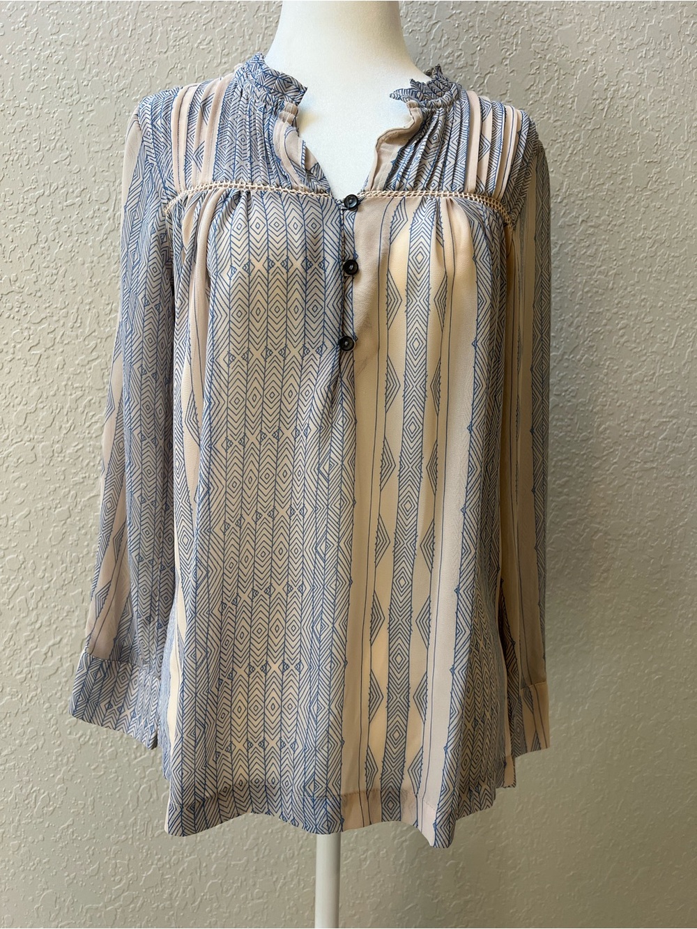 Anthropologie Dolan Blue and Cream Geometric Stripe Sheer Blouse